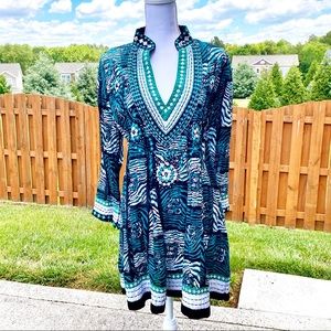 Tropical Forest Cotton Print Embroidered Dress XL